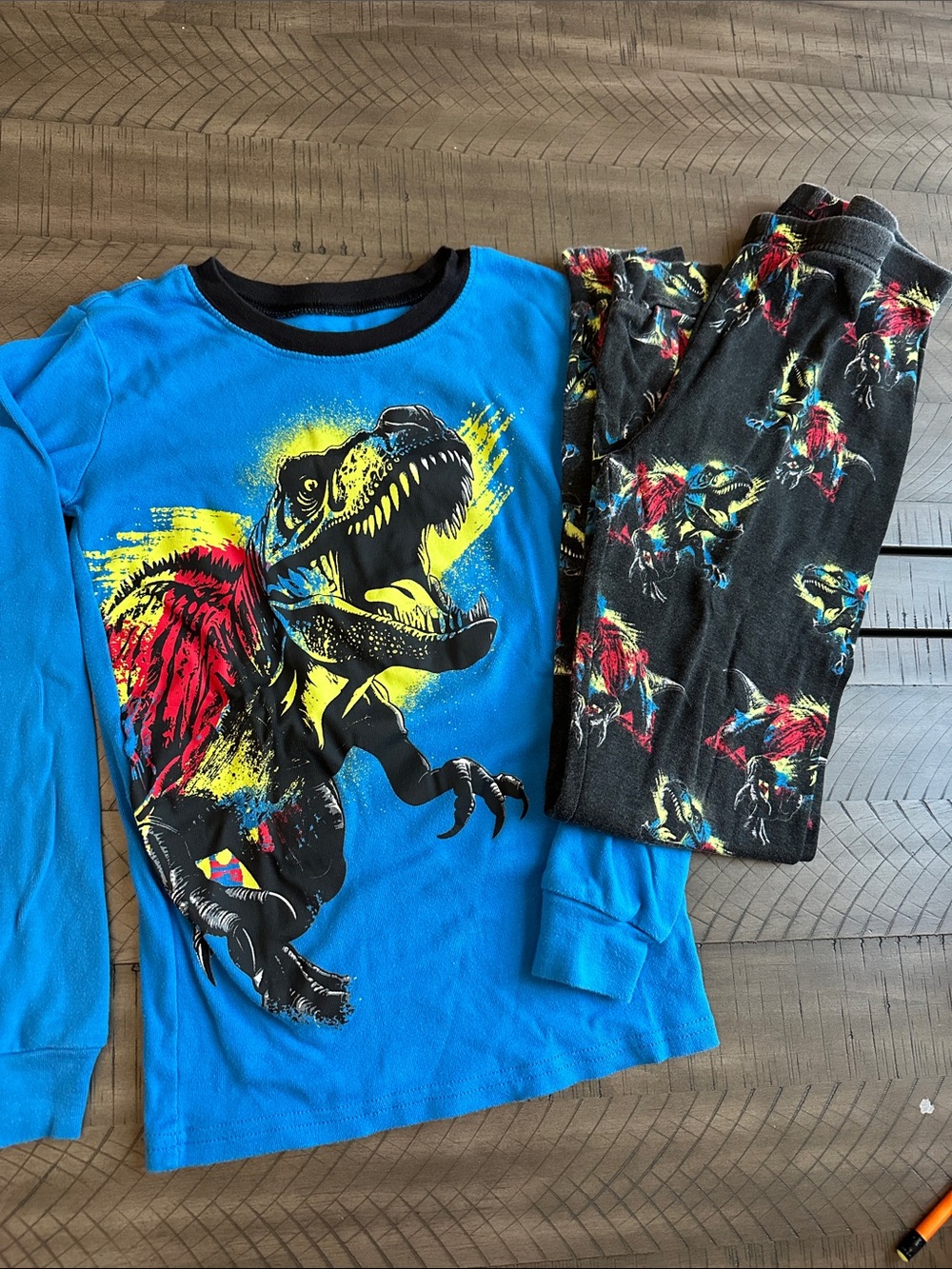 Blue Dinosaur T-Rex Long Pajama Set with Black Dino Pants